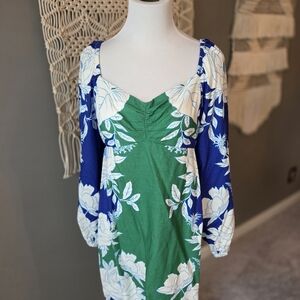 FARM Rio Green and Blue Floral Long Sleeve Dress